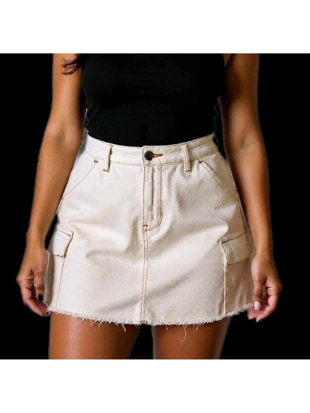 Hollister Women Y2k Cargo Mini Skirt Fringe Beige Cream Feminine Sz 0